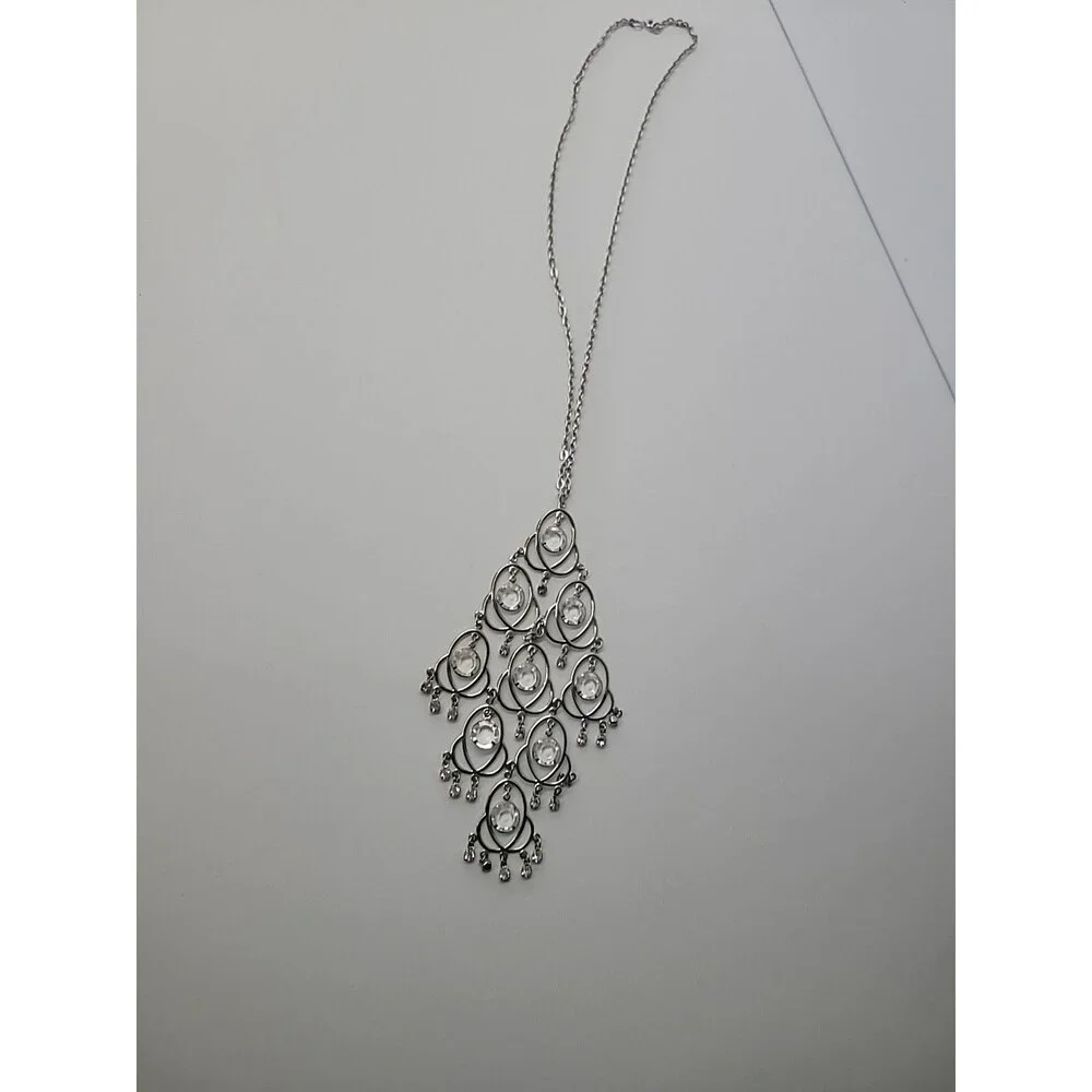 Silver‎ Tone Chandelier Necklace Clear Rhinestone Statement Dangle Bib Necklace